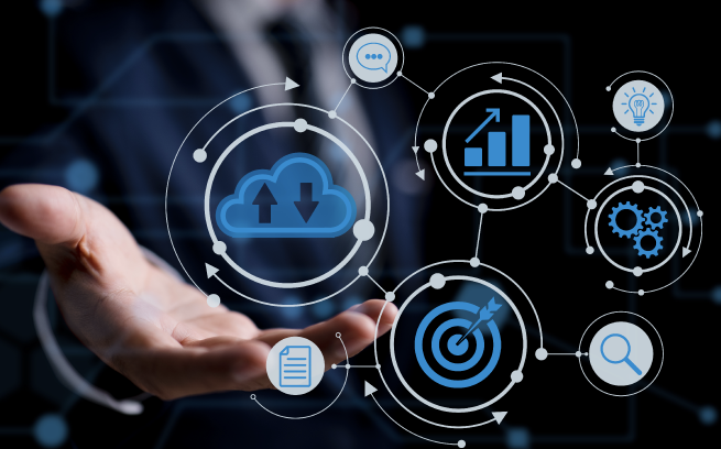 imagen de tecnología con gráficas de nube y estadísticas