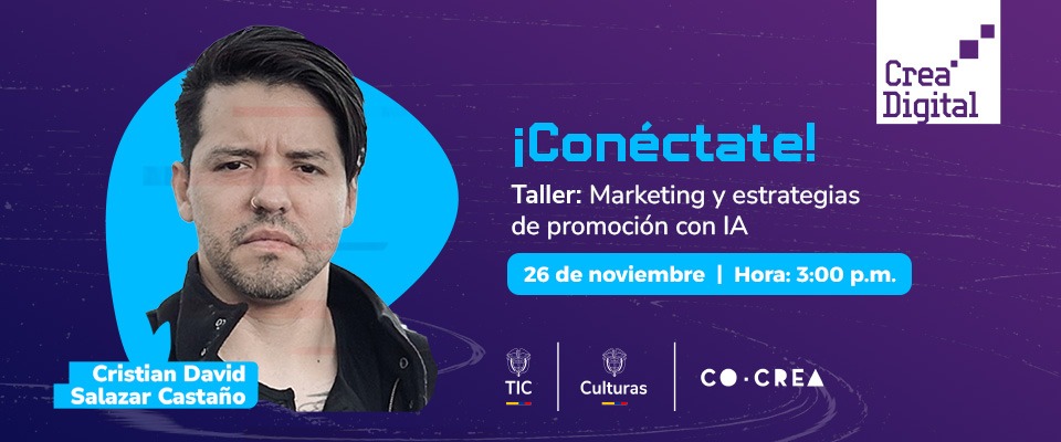 Imagen diseñada invitando al taller de marketing con IA juanto a la foto del speaker