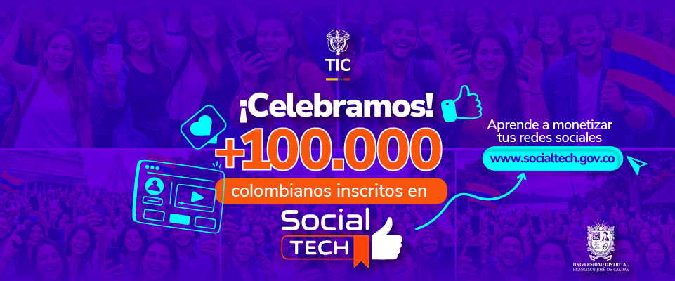Afiche morado celebra +100.000 inscritos en Social Tech; jóvenes con celulares, íconos digitales y logos TIC destacan monetización
