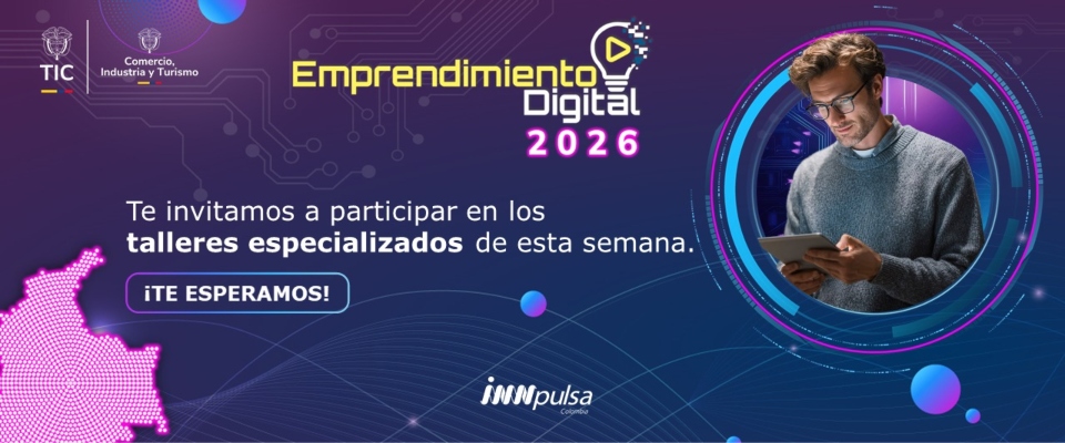 Banner morado y azul con texto de invitación, logos, botón, mapa rosa y hombre con tableta dentro de un marco circular